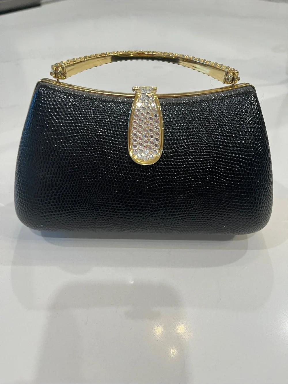 Black Crystal-Accent Evening Top-Handle Clutch